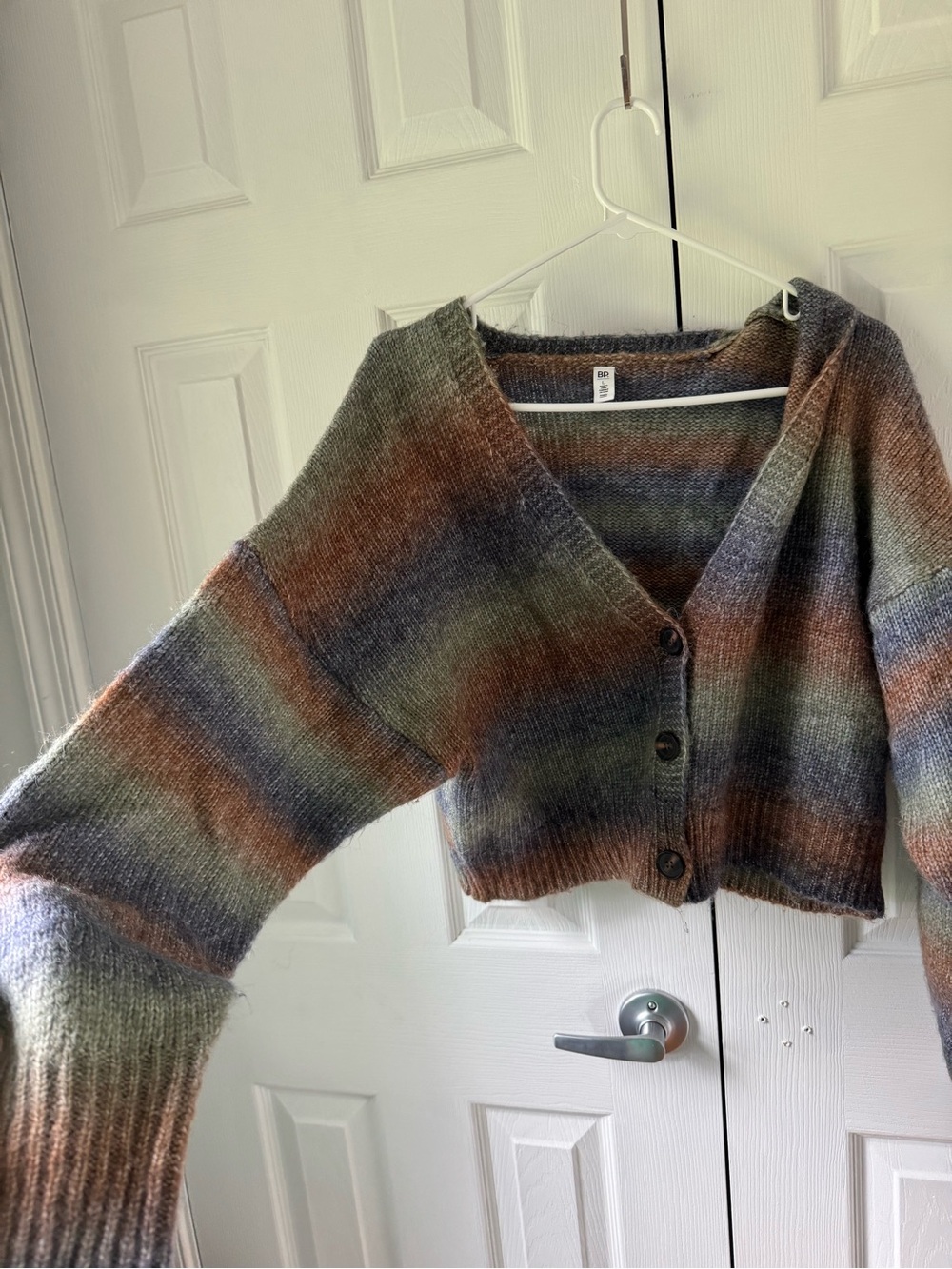 bp Multicolor Striped Cropped V-Neck Cardigan in Blue, Green & Brown